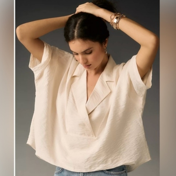 ANTHROPOLOGIE Cream Blouse Womens The Dilon Short Sleeves Wide-packet CREAM 2X - Picture 6 of 12